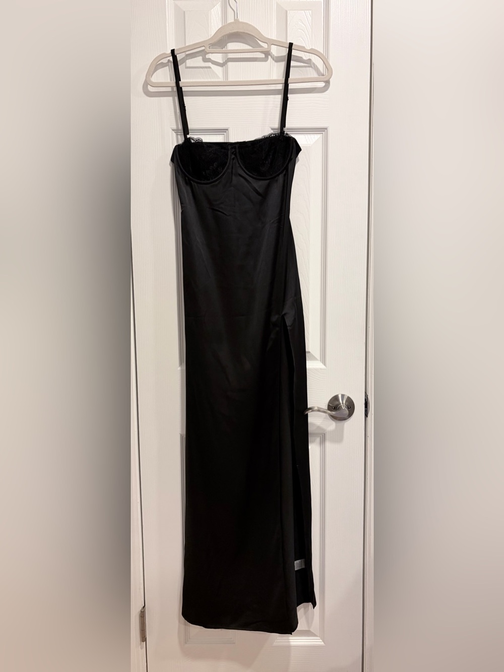 Meshki Zuleyka black satin maxi dress with slit Size Small - Picture 3 of 10